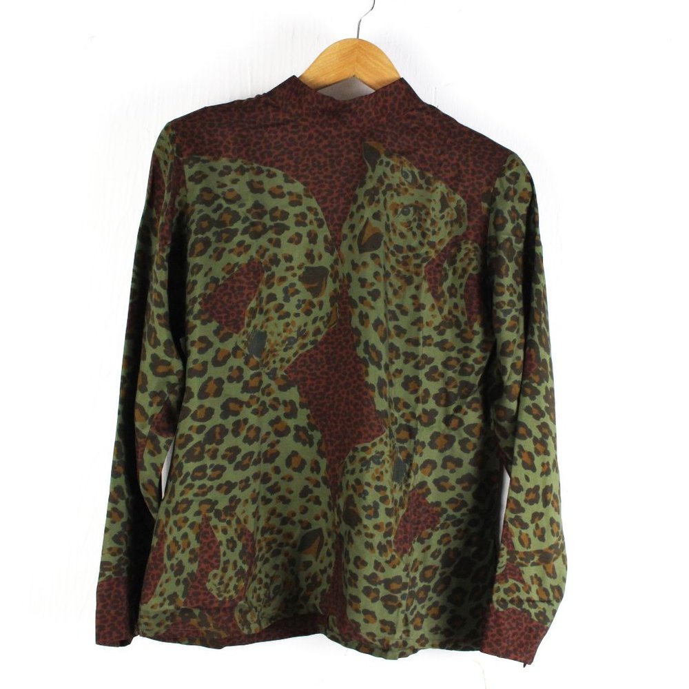 YSL Rare 1980s Silk Leopard Half Zip Blouse
